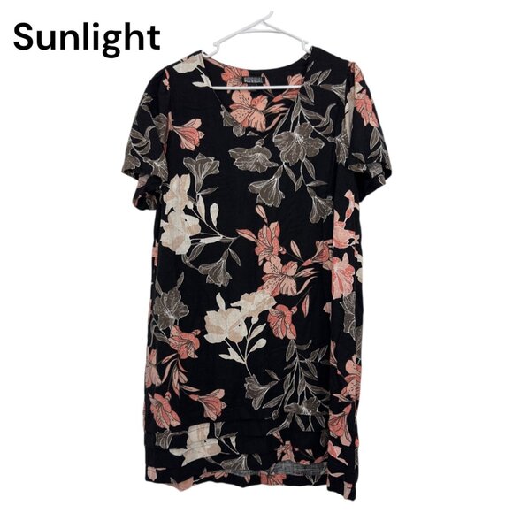 Nicole Miller Womens Black Floral V-Neck Short Sleeve Linen Blend Tunic Dress XL - Picture 1 of 11